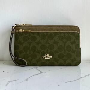 Coach Women's CX161 Double Zip Clutch Wallet Wristlet Signature Canvas Olive